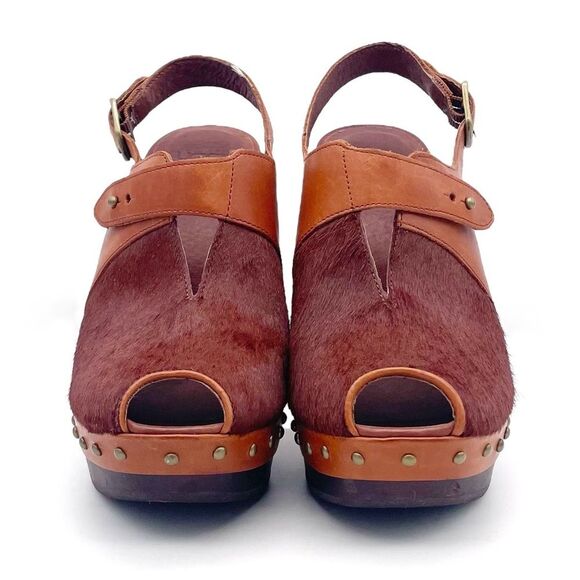 UGG Nicco Leather Calf Hair Platform Peep Toe Slingback Sandal Brown Size 8.5 - Picture 9 of 16